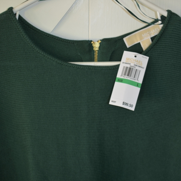 NWT Michael Kors sweater long sleeve scoop neck slight hi lo hem green gold zip - Picture 3 of 5